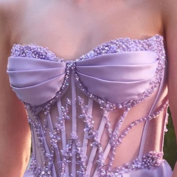 New Lavender Ceremonial Mikado Gown w/ Beaded Corset Bodice & Lace Up Back CD389 - Picture 6 of 14